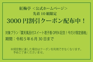 先着10組「露天風呂付スイート君子香OPEN記念！今だけの限定価格」プラン限定★初夏旅応援3000円割引クーポン！配布開始